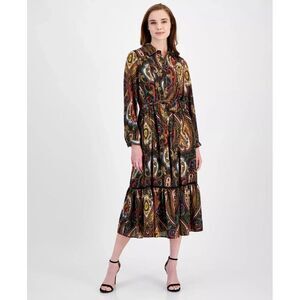T Tahari Women's Dress Sz 2 Paisley-Print  Half-Placket Tiered